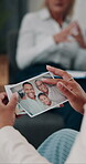 Woman, hands or family photo with therapist in grief counseling for support, empathy or mental health. Person, holding picture of male relatives in therapy for compassion, sentimental memory or loss.