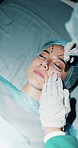 Woman, plastic surgery and drawing on face at hospital, hands and process for beauty transformation. People, doctor and patient with facelift, lines or cosmetic procedure for aesthetic at clinic