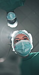 Face mask, surgeon team or operation with POV for medical help, flare or treatment in emergency room. Below, doctor or surgery with healthcare procedure, people or life saving with tools in theater