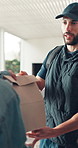 Courier, front door and package with delivery man giving order to customer for home shipping. Online shopping, parcel and service with person at entrance to apartment to complete distribution process