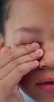 Face, rubbing eyes and tired with girl closeup in home for eye strain, fatigue or vision. Allergies, irritation and itchy with child in apartment for bacterial infection, conjunctivitis or virus