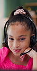 Girl, child and headset with elearning in home, talk and happy with solution, notes and video call. Kid, pupil and laugh in virtual class for discussion, mic or listen for online education at house