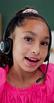 Girl, face and headset with elearning in home, talk or happy for solution, task and video call. Kid, pupil and smile in virtual class for discussion, mic and headphones for online education in Mexico