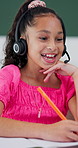 Girl, child and headset with elearning in home, writing and talk with solution, notes and video call. Kid, happy pupil and virtual class with discussion, mic and online lesson with attention at house