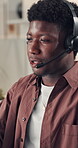 Consultant, man and talking with headset in call center for online advice, customer support or FAQ. Agent, black person and chat to client with mic for inbound query, account management or assistance