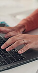 Hands, data entry and employee with laptop, office and typing on website, financial report or online. Accountant, research and person with tech for tax preparation, budget and planning with info