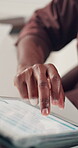 Scroll, screen and hands with tablet, office and check financial report for tax preparation or info. Browsing, online and person with tech for audit, accountant and budget analysis on web or research