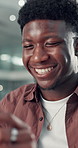 Black man, happy and click with tech at startup, office and excited for notification at media company. African person, writer and smile with project management, review or contact at creative agency