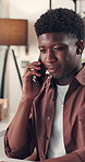 Business, phone call and black man in office, talking and contact with copywriting. African person, employee and journalist in workplace, cellphone and app for communication, feedback and discussion