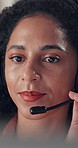 Call center, face and woman with headset, telemarketing and communication with contact or discussion. Happy, representative and African person with tech for consultation, lead generation and sales