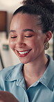 Laughing, business woman and texting in office with funny chat, email response or work break. Professional, person or happy with communication at workplace for networking, social media post or search