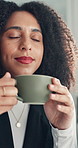 Business, woman and smell coffee in office to start day, work break and aroma of caffeine. Female person, enjoy or cup with espresso drink, morning beverage and breathing in liquid scent in workplace