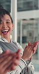 Applause, celebration and laughing with business woman in office for reaction to good news. Achievement, congratulations and high five with excited African employee clapping for colleague bonus