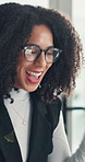 Celebration, business and woman in office, glasses and excited with smile, copywriting or wow. Reflection, eyewear or happy person with bonus cheering or journalist with publication news or promotion