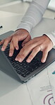 Hands, business and person with laptop in office for research, finance report and budget review. Accountant, typing and pc for funding email, financial planning and feedback for investment proposal