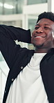 Stretching, smile and black man in office with rest, bokeh or completed task in project deadline. Finish work, relax or employee in agency with happiness, calm and target reach in time management.