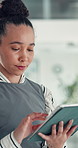 Business, tablet and woman in office for research, social media campaign or project. Technology, scroll and happy marketer in workplace to check engagement info, reading email or schedule post online