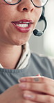 Headset, discussion and businesswoman in office with customer service, crm or communication. Contact us, mic and professional female technical support consultant for online query in workplace.