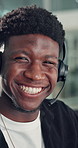 Face, man and customer service in call center with smile, human resources support and telecom help. Happy, black person and HR consultant in office with tech for client networking, about us or bokeh.