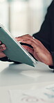 Financial analyst, hands and tablet in office to research, market trend and examine company performance. Review report, plan and man with tech to check risk, economy condition and investment strategy