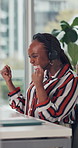 Call center, fist pump and black woman with celebration, excited and success with help desk. African person, consultation and employee in office, pc and achievement with customer support and smile