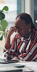 Tired, close laptop or black woman in office with headache, burnout or overworked in report deadline. Fatigue, migraine or analyst in agency with tech, stress and break in struggling with workload.