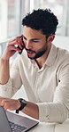 Laptop, phone call and pointing with business man in office for feedback, review or update. Computer, conversation and gesture with employee at desk in workplace for communication or development