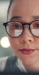 Eyewear, reading and business woman with reflection of computer, check campaign and social media. Marketer, glasses and review website at work, marketing information or research with face in office