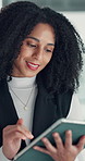 Finance analyst, woman and reading with tablet in office, research market trend and company performance. Review report, plan and employee with tech to check risk, economy and investment opportunity.