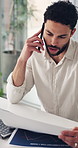 Documents, laptop and phone call with financial man in office for feedback, reading or update. Computer, conversation and paperwork with finance employee in workplace to review charts or graphs