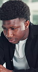 Black man, computer and thinking at startup, office and review proposal on web at media company. African person, pc and perspective for project management, solution and editing at creative agency