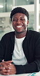 Happy, business and black man with face in office for career pride, about us and finance consultant. Portrait, male person and laughing with ambition, budget planning and asset management of company