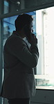 Window, business and man in workplace, phone call and networking for investment deal. View, investor and person with cellphone, communication and planning for trading proposal, contact and feedback