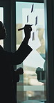 Glass wall, sticky note or black woman in office with writing, strategy or plan for proposal. Space, problem solving or employee in agency with paper, idea board or brainstorming for project growth.