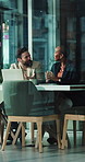 Boardroom, conversation and laptop with business people in glass office together for development. Collaboration, computer and planning with employee team in corporate workplace for project management