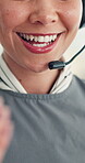Woman, mouth and customer service in call center with smile, telecom and human resources support. Face, female person and HR consultant in office with tech for help desk, client advice and feedback.