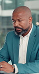 Black man, thinking and typing with computer, office or decision with market research at investment company. African person, broker or financial advisor with perspective, asset management and review