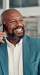 Black man, phone call and smile at office with talk, consulting and investment tips at company. Mature person, smartphone and financial advisor with discussion, happy and insight for asset management