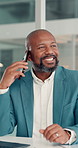 Black man, phone call and happy at office with talk, consulting and investment tips at company. Mature person, smartphone and financial advisor with discussion, smile and insight for asset management