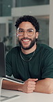 Night, face and man in office, laptop and deadline for submission, smile and publication. Evening, happy person or content writer with pc, proofreading and research for article, email or media agency
