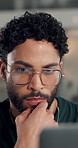 Night, glasses and man with laptop, thinking and research for stock market, email and reflection. Evening, investor and person with eyewear, choice and clear vision with investment deal and decision