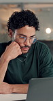 Night, glasses and man with computer, thinking and research for stock market, choice and clear vision. Evening, investor or person with eyewear, email or laptop with investment deal or online reading