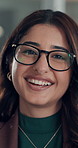 Face, business and woman with smile, glasses and media agency with copywriting. Eyewear, happy person and journalist with clear vision, creative and editor for magazine publication and optometry