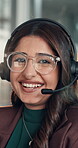 Face, woman and smile in call center with customer service, telecom and help desk in business. Happy, consultant and person in office with tech reflection for client support, HR advice and about us.