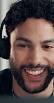 Man, talking or telecom in call center with smile for customer service, admin assistance or HR advice. Happy, consultant and speaking in office with client support, human resources help and guidance.