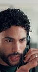 Call center, explaining and Asian man in office with headset, contact us and help in crm service. Telecom, point or consultant in agency with tech, online advice or feedback in client support.