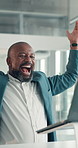 Black man, celebration and excited with laptop at office, revenue goals or profit at investment company. Mature person, broker or financial advisor with shout, asset management or success at agency