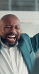 Black man, celebration and success with computer at office, fist pump or profit goal at investment company. Mature person, broker or financial advisor with shout, asset management or happy at agency