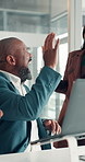 Business people, high five or applause in office with laptop for good news, success or company goals. Team, clap or excited man in workplace with computer for notification,  milestone or celebration.