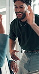 Businessman, team and celebration with high five at office, applause or excited with profit goals at company. People, success and happy with support, shout or revenue announcement at finance agency